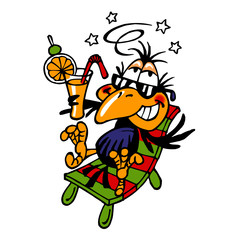 Raven relaxes on a beach chair with a mixed drink and sunglasses, holiday atmosphere, crow mascot color cartoon