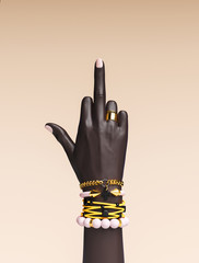 Fick dich Handzeichen. Geste des bösen Mädchens mit goldenen Armbändern und Fingerringen isoliert, kreatives Kunstprotestbanner, Mode-Hipster-Accessoires, 3D-Rendering © vpanteon