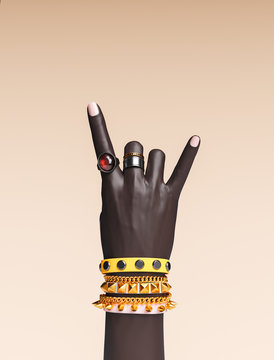 Rock Hand Sign, Female Hand Punk Rock Gesture With Gold Wrist Bracelets And Finger Rings Isolated, Creative Art Protest Banner, Fashion Hipster Accessories, 3d Rendering