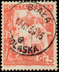 Biała Podlaska Kasownik / datownik pocztowy (1939) odbity na znaczku pocztowym, upamiętniającym Zjazd Gnieźnieński w roku 1000.
