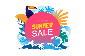 Summer sale banner with tropical leaves, toucan, sea waves. Summer vacation poster. Promo badge for your seasonal design. Vector illustration.
