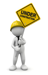 3d man holding under construction sign