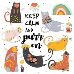 Set of funny cats angels on white background