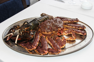 fresh crab and lobster on a plate