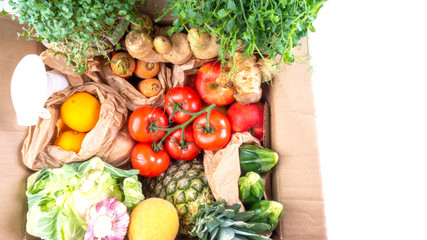 Grocery paper box with healthy food clean eating selection