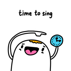 Time to sing hand drawn vector illustration in cartoon comic style man showing clock