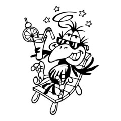 Raven relaxes on a beach chair with a mixed drink and sunglasses, holiday atmosphere, crow mascot black and white cartoon