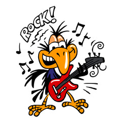 Raven rocker playing electric guitar, flying music notes and text rock, crow mascot color cartoon