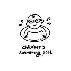 Icon Vector linear, contour logo of baby in swimming goggles swims in the sea. Healthy and cheerful child in the inflatable circle. Summer print for t-shirts. Emblem The children's swimming pool 