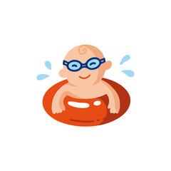 Icon Vector flat illustration of baby in swimming goggles swims in the sea. Healthy and cheerful child in the inflatable circle. LoSummer print for t-shirts. Emblem  children's swimming pool newborns.