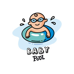 Icon Vector flat illustration of baby in swimming goggles swims in the sea. Healthy and cheerful child in the inflatable circle. Logo Summer print for the children's swimming pool 