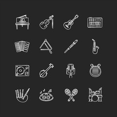 Orchestral instrument chalk white icons set on black background. Live classical music concert. Band performance with string instruments and percussion. Isolated vector chalkboard illustrations