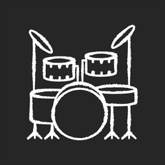 Drum kit chalk white icon on black background. Musical instrument on stage for live band performance. Crash cymbals and snare drum in drumset. Isolated vector chalkboard illustration