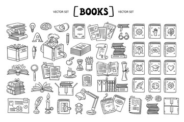Vector cartoon set on the theme of literature and books. Isolated doodles on white background. Line art - 344175667