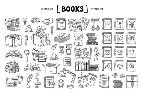 Vector cartoon set on the theme of literature and books. Isolated doodles on white background. Line art