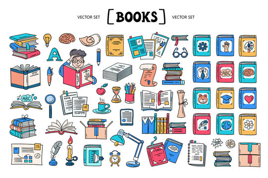 Vector cartoon set on the theme of literature and books. Isolated colorful doodles on white background. Line art