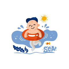 Vector flat illustration of sunburnt baby in  baseball cap in swimming goggles swims in the sea. Healthy and cheerful child swims. Summer print for t-shirts, cards, posters for the children's swimming