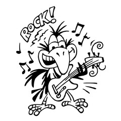 Raven rocker playing electric guitar, flying music notes and text rock, crow mascot black and white cartoon