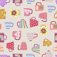 Vector seamless pattern of vintage mugs. Hand-drawn with a naive Scandinavian style. Pastel colors, pink, blue, gray. For design of surfaces, prints, wrapping paper, fabric