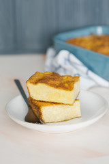 Cottage cheese pie, closeup, focus in the center, vertical