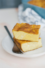 Cottage cheese pie, closeup, focus in the center, vertical