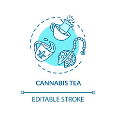 Cannabis tea concept icon. Marijuana plant decoction, herbal brew idea thin line illustration. Drinkable marihuana, alternative medicine. Vector isolated outline RGB color drawing. Editable stroke