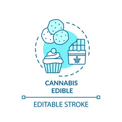 Cannabis edible concept icon. Marijuana infused food, hemp snacks idea thin line illustration. Delicious desserts, sweets with marihuana. Vector isolated outline RGB color drawing. Editable stroke