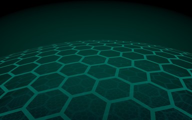 Fototapeta premium Multilayer sphere of honeycombs, green on a dark background, social network, computer network, technology, global network. 3D illustration
