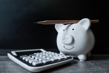 piggy bank with distinctive pencil and calculator showing savings and discipline