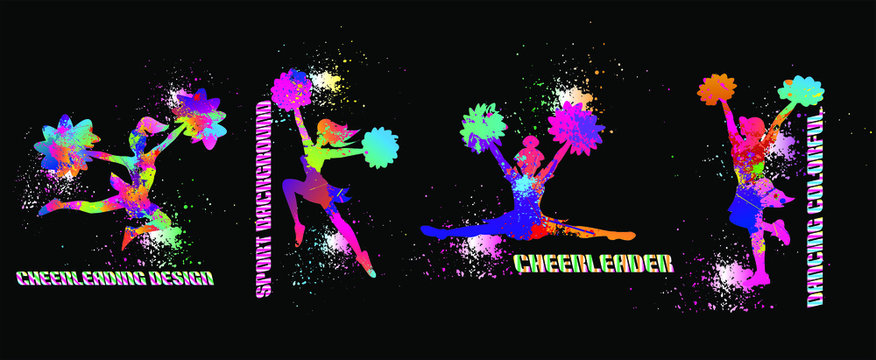 Set of Cheerleading, Dancing colorful girl splash paint, Pom Poms. Sport background. Graphic eps for logo, brochures. Vector illustration.