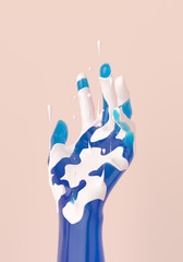 Art creative abstract hand gesture graphic design, blue hand sculpture with white paint drip up drops isolated 3d rendering.
