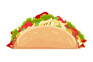 Tacos cartoon flat icon with meat and vegetable. Traditional mexican fast-food. Taco Mexico food with tortilla, leaves lettuce, cheese, tomato, forcemeat, sauce isolated on white background. 