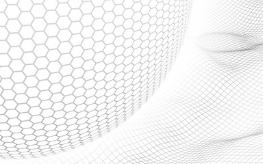 Abstract landscape on a white background with white honeycomb sphere. Cyberspace grid. hi tech network. 3d illustration