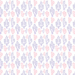drawing of cacti in one contour line of purple and pink. seamless pattern.