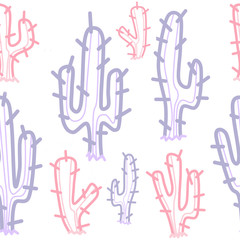 drawing of cacti in one contour line of purple and pink. seamless pattern.	