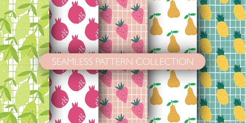 Set of fruits seamless pattern. collection of patterns - lemon with leaves, pomegranate, strawberry, pear, pineapple.