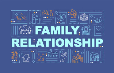 Family relations word concepts banner. Life cycles, family development stages. Infographics with linear icons on blue background. Isolated typography. Vector outline RGB color illustration