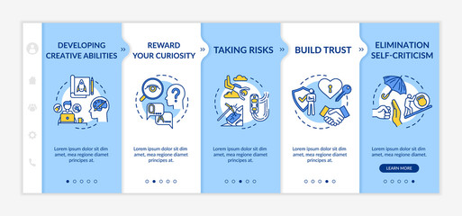 Obraz na płótnie Canvas Effective leadership onboarding vector template. Build trust. Take risk. Personal growth and development. Responsive mobile website with icons. Webpage walkthrough step screens. RGB color concept