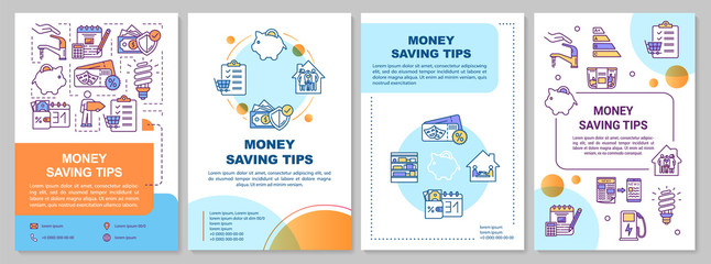 Fototapeta na wymiar Money saving tips brochure template. Financial resources economy. Flyer, booklet, leaflet print, cover design with linear icons. Vector layouts for magazines, annual reports, advertising posters