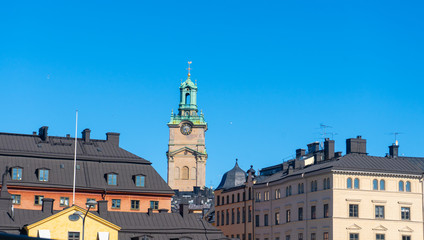 Fototapeta premium View with Storkyrkan (The Great Church), officially named Sankt Nikolai kyrka (Church of St. Nicholas) and informally called Stockholms domkyrka (Stockholm Cathedral). Stockholm old town.