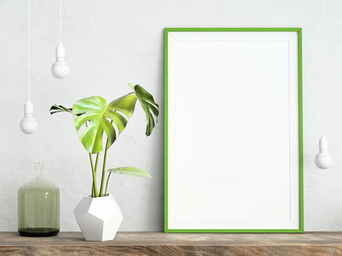 Mock up poster frame on white plaster wall with swiss cheese plant and glass vase on wooden shelf with light bulbs; 3d rendering, 3d illustration