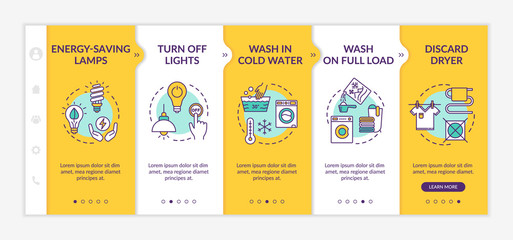 Energy saving tips onboarding vector template. Saving money on electricity economy, waste reduction. Responsive mobile website with icons. Webpage walkthrough step screens. RGB color concept
