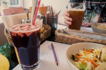 healthy breakfast with fruit salad and fruit drink