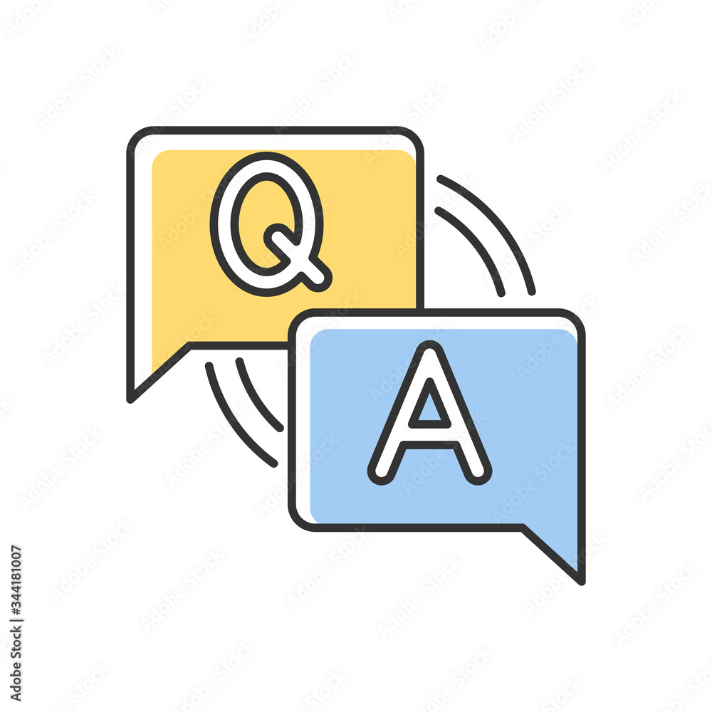 Poster faq rgb color icon. frequently asked questions. customer support service. answers for clients. lette