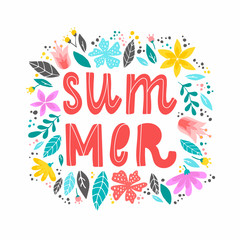 Fototapeta na wymiar 'Summer' hand lettering quote decorated with flowers and leaves on white background. Seasonal poster, banner, print, card, logo,sign design. Festive typography inscription. 