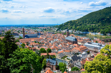 Fototapeta premium aerial view of the old town and the bridge over neckar river, heidelberg