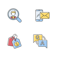 Social media recruitment RGB color icons set. Looking for employee. Company recruitment. Corporate contact info. Price tag for product. Question and answer. Isolated vector illustrations