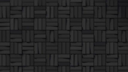 Abstract black basket weave pattern; dark background with rectangles that form squares; minimal geometric backdrop; 3d rendering, 3d illustration - obrazy, fototapety, plakaty
