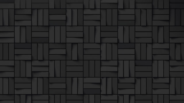 Abstract black basket weave pattern; dark background with rectangles that form squares; minimal geometric backdrop; 3d rendering, 3d illustration