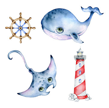 Watercolor cute cartoon ocean set on a white background. Watercolor cartoon whale, stingray, lighthouse, ship's wheel